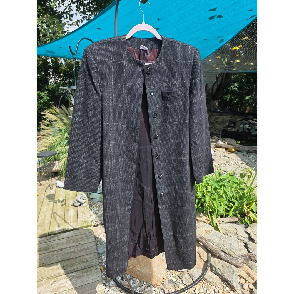 Vintage Charcoal Grey Windowpane Plaid Longline Duster Jacket Collarless Coat